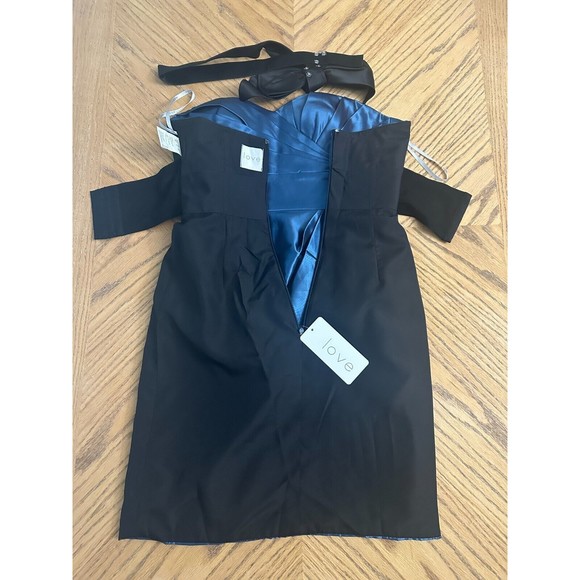 Blue Satin Cocktail Dress Bow Belt Gathered Bustier Strapless Bra Insert Size 8 - Picture 10 of 11